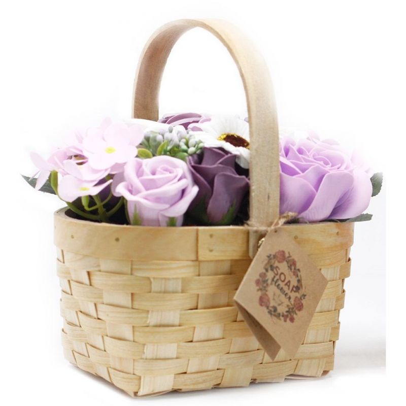 Bouquet fleurs de Savon et son panier en Osier- Lilas