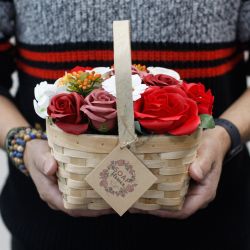 Bouquet Savon Panier en Osier- Rose