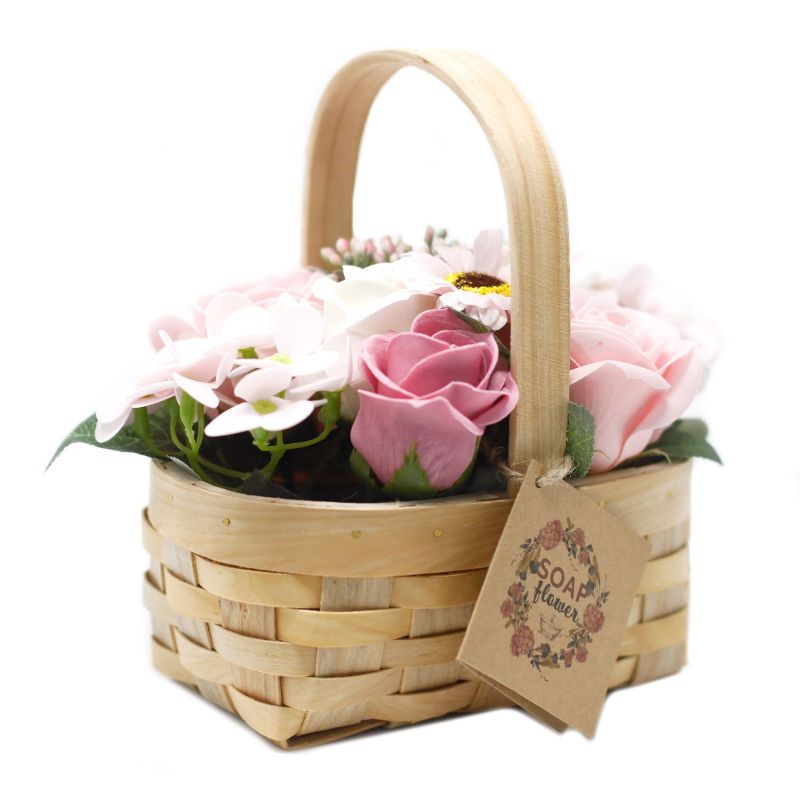 Bouquet Savon Panier en Osier- Rose